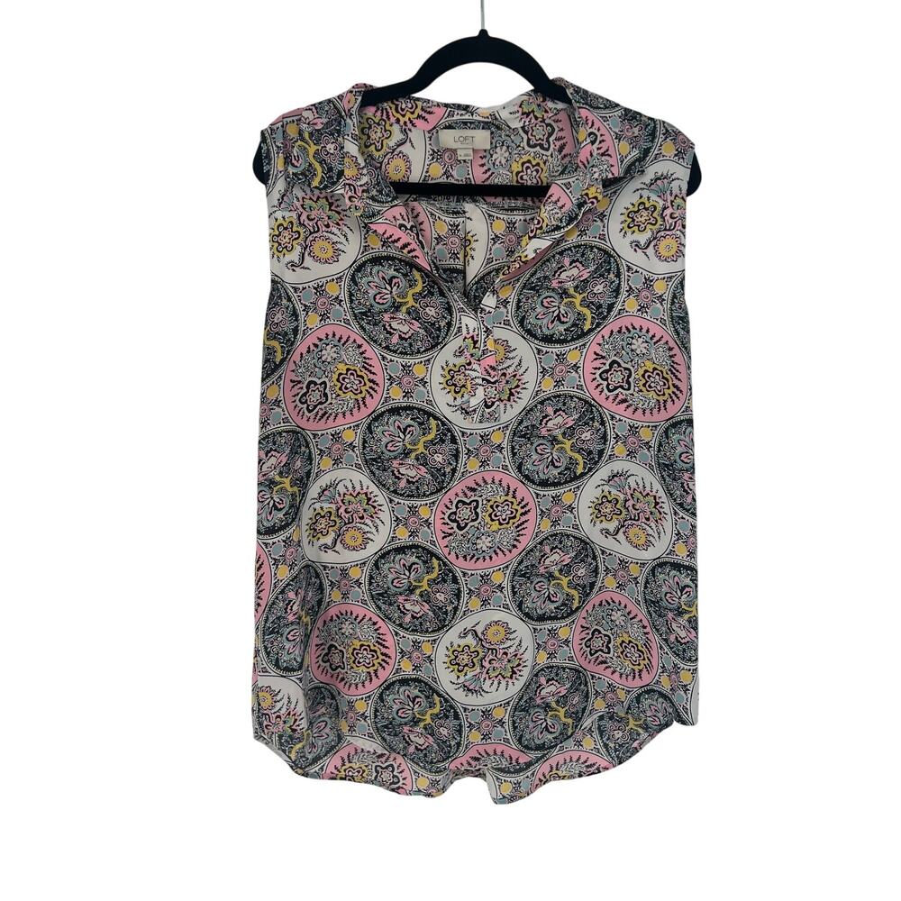 LOFT Paisley Sleeveless Collared Shirt XL Pink Blue White Yellow
